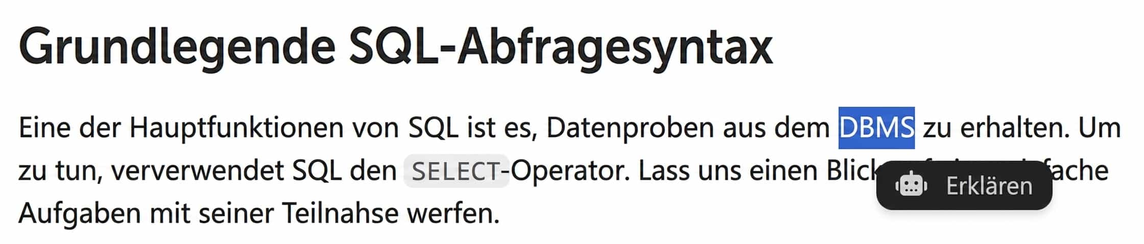 Button "Erklären" beim Markieren von Text
