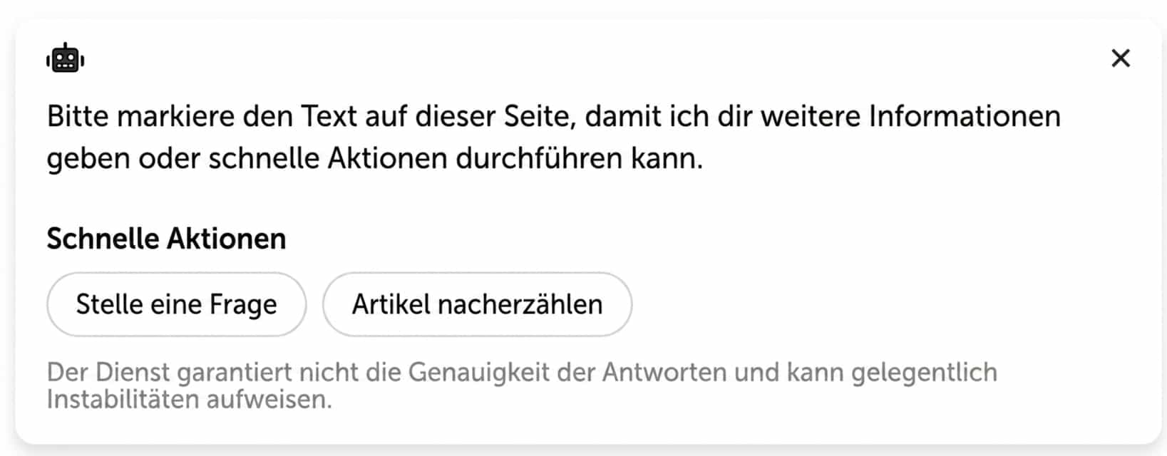 Fenster des KI-Assistenten mit Schnellaktionen