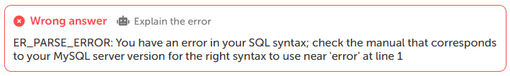 AI assistant explaining SQL query error